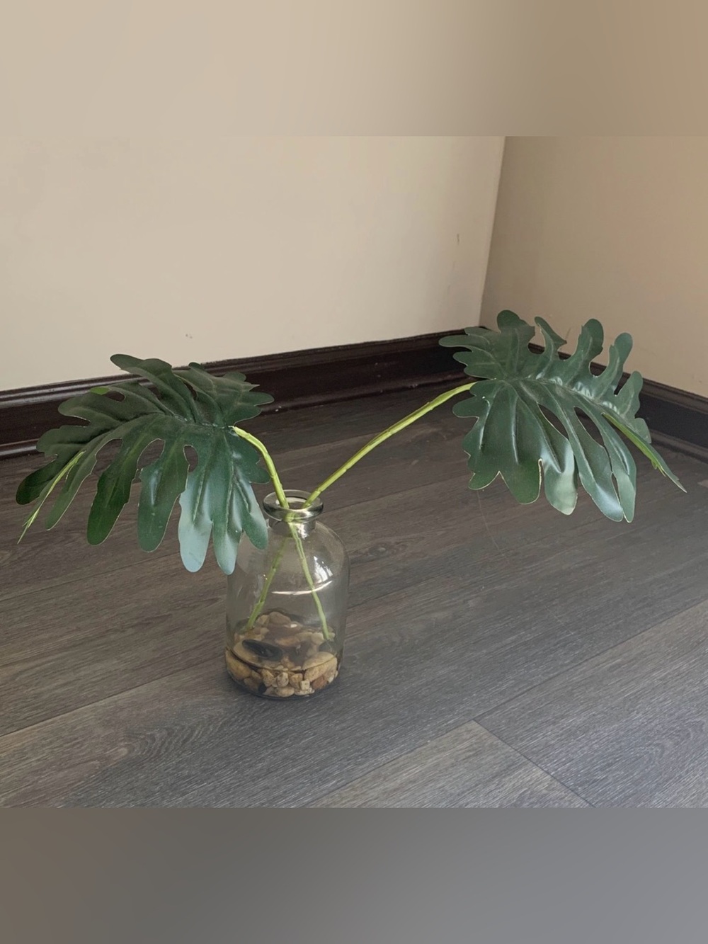Glass Vase with Green Faux Monstera Leaves - Home Accents